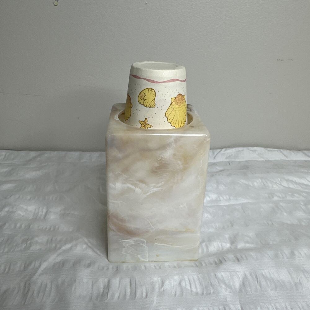 Dixie Cup Bathroom Countertop Dispenser Holder Faux Marble Seashell Cups Vintage
